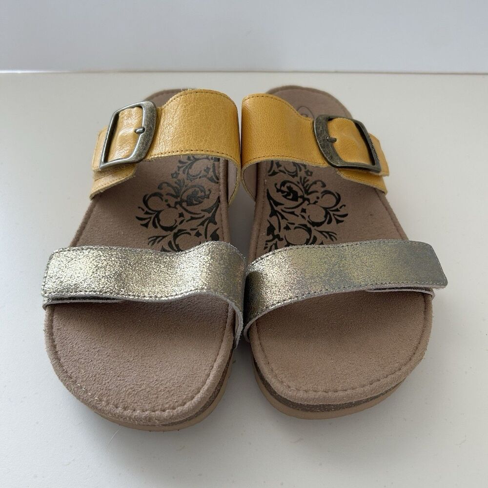 Aetrex Daisy Sandals Women Sz 8.5 Yellow Gold Leather Comfort Arch Slide Slip On - Picture 3 of 11